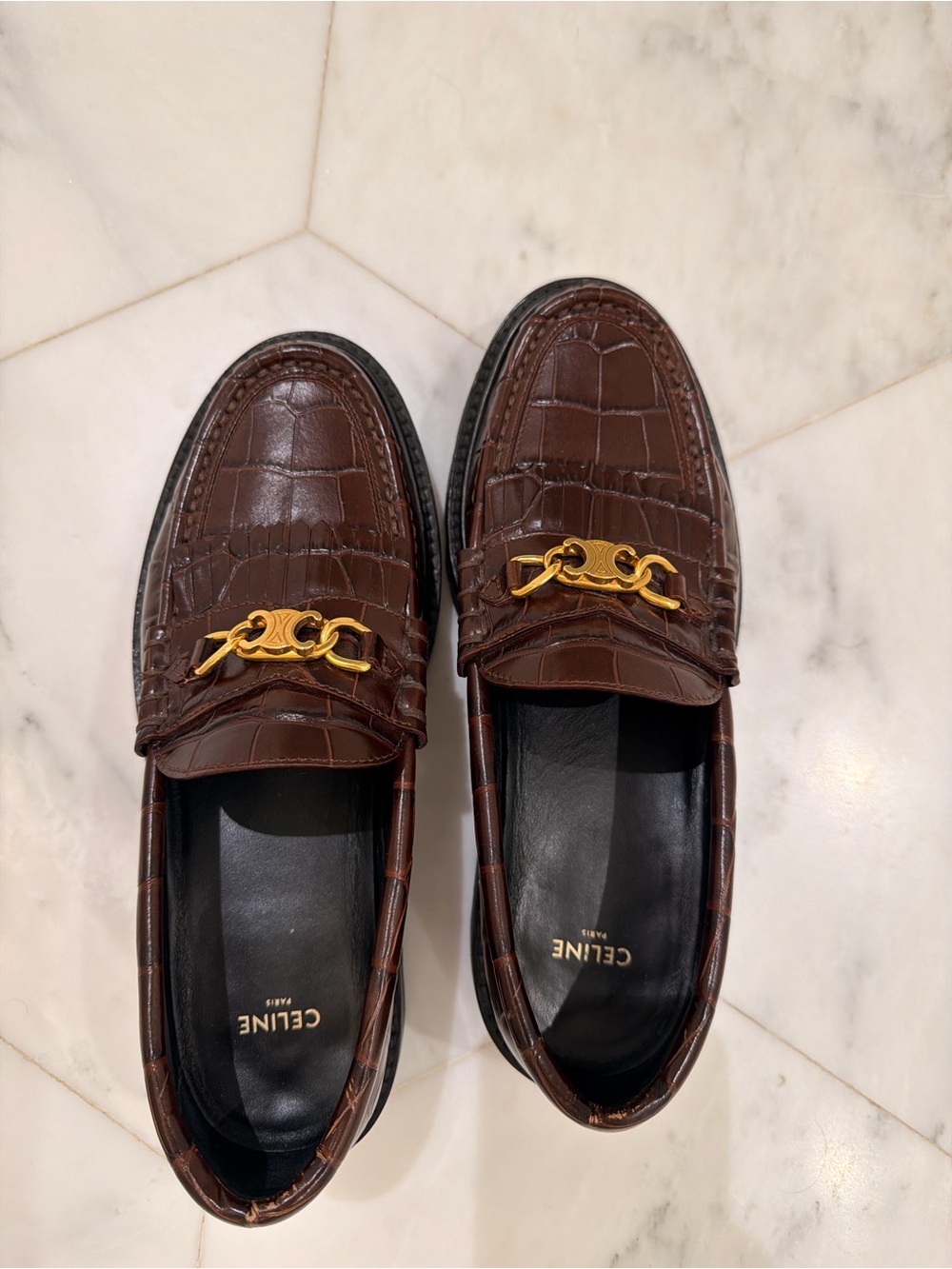 Celine Brown Croc-Embossed Leather Triomphe Loafers with Gold Chain